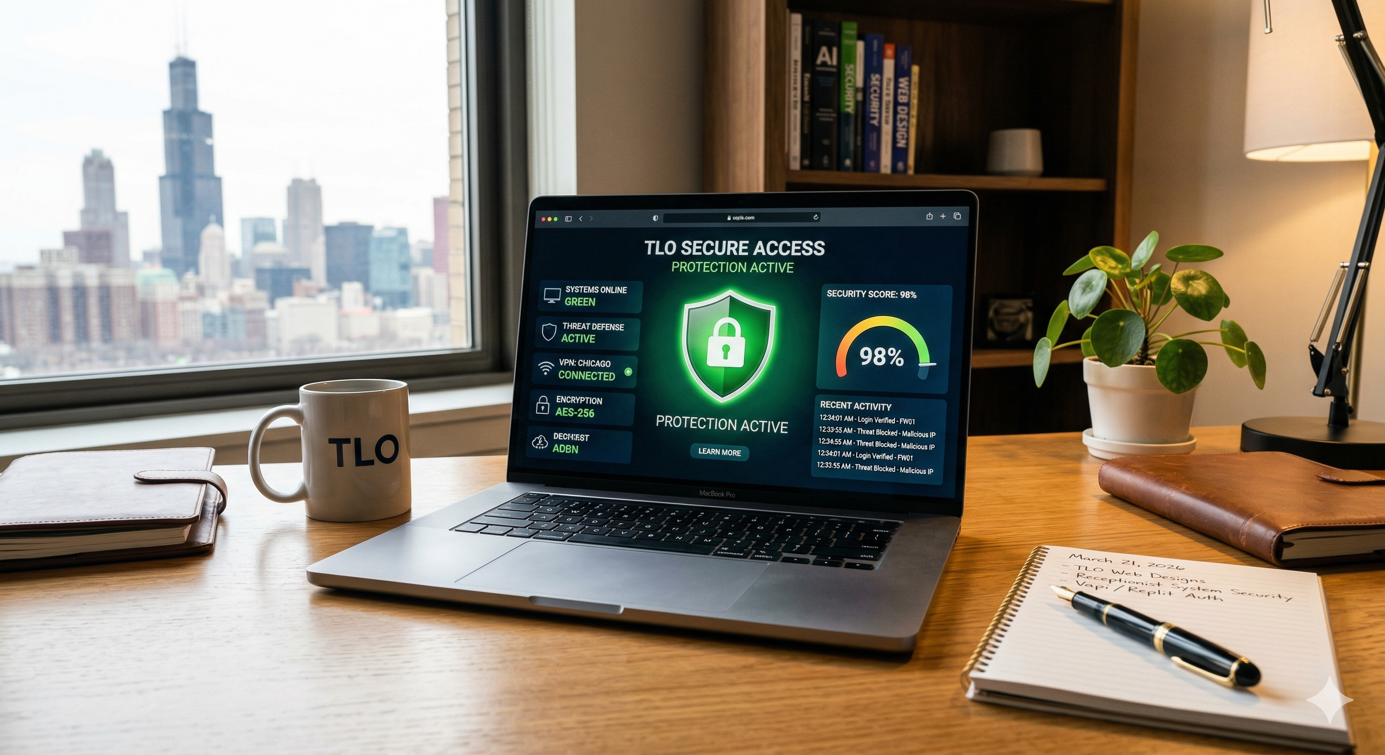 TLO Web Designs AI security dashboard on laptop — Chicago skyline office