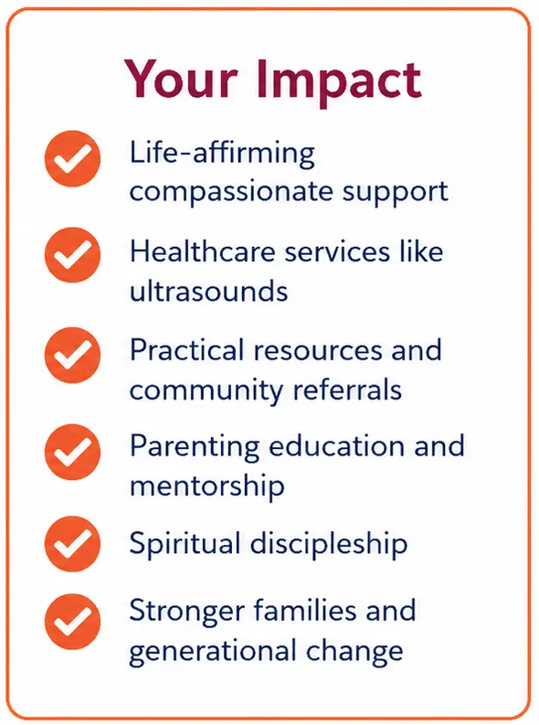Your donation provides compassionate support, healthcare services, practical resources, parenting education, spiritual discipleship, and stronger families.