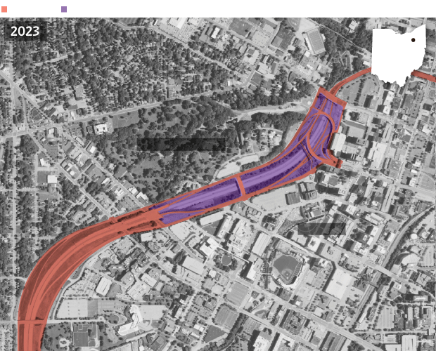 1969 aerial map showing the Innerbelt highway destruction path through Sherbondy Hill