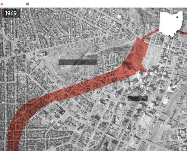 Aerial view of Sherbondy Hill — Lane/Wooster neighborhood before Innerbelt construction