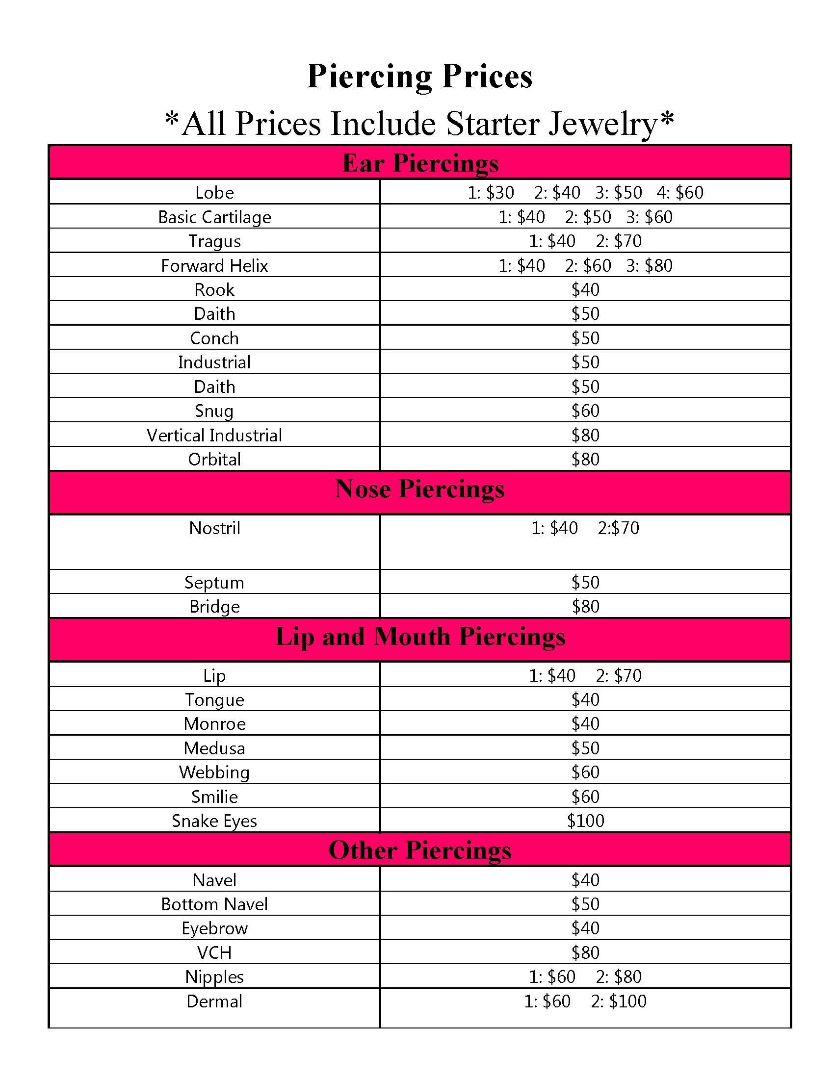 timeless ink piercing prices