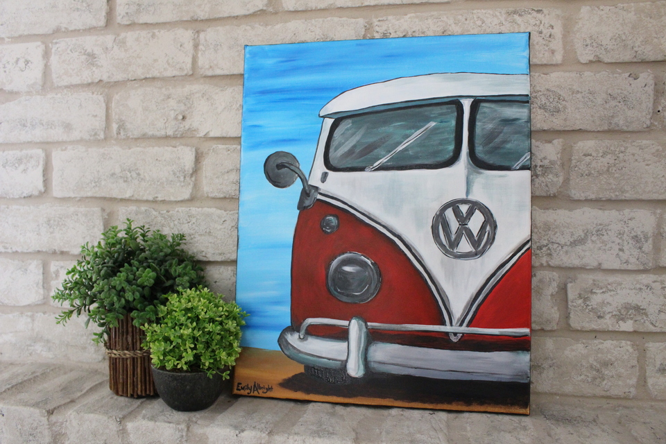 vintage vw volkswagen bus acrylic painting artwork by artist Emily Albright