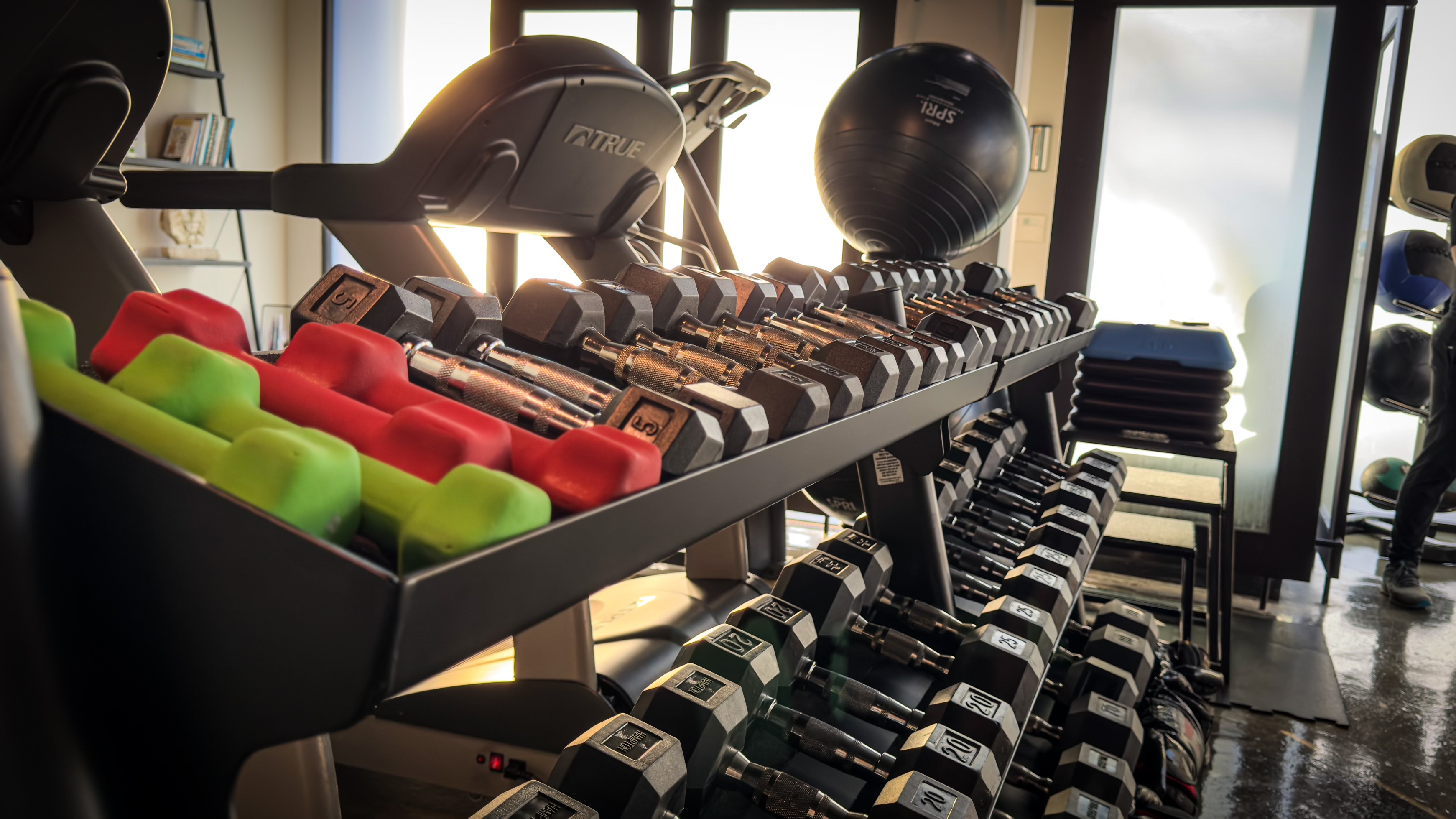 Neatly arranged dumbbells at Phit Pro