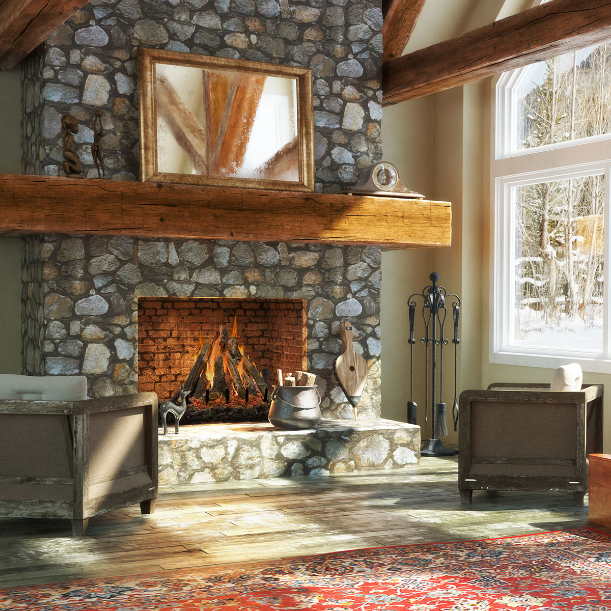 Roaring vented gas log fire in a masonry fireplace