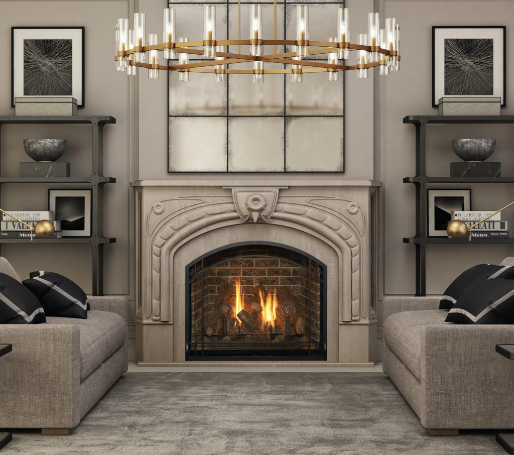 Direct vent gas fireplace glowing in a modern Kentucky living room