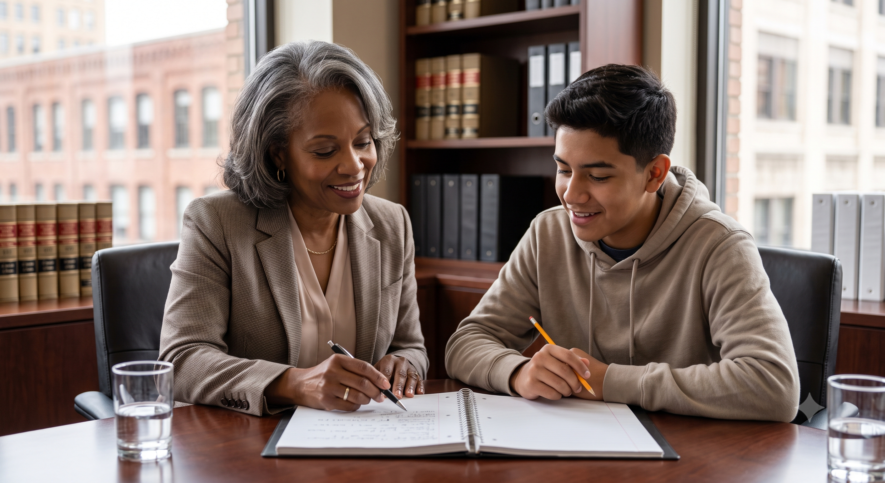Attorney mentoring a student, reviewing notes together in a law office