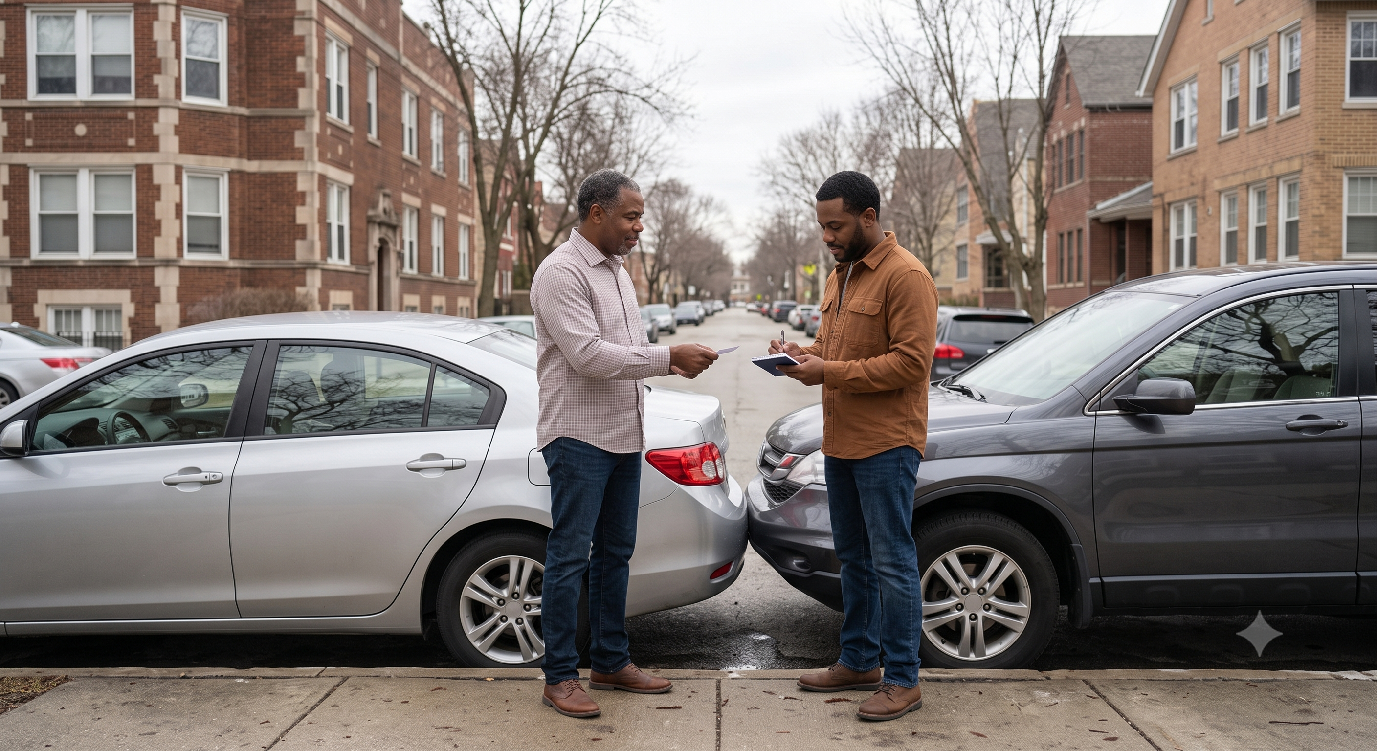 Chicago drivers exchanging insurance information after a car accident