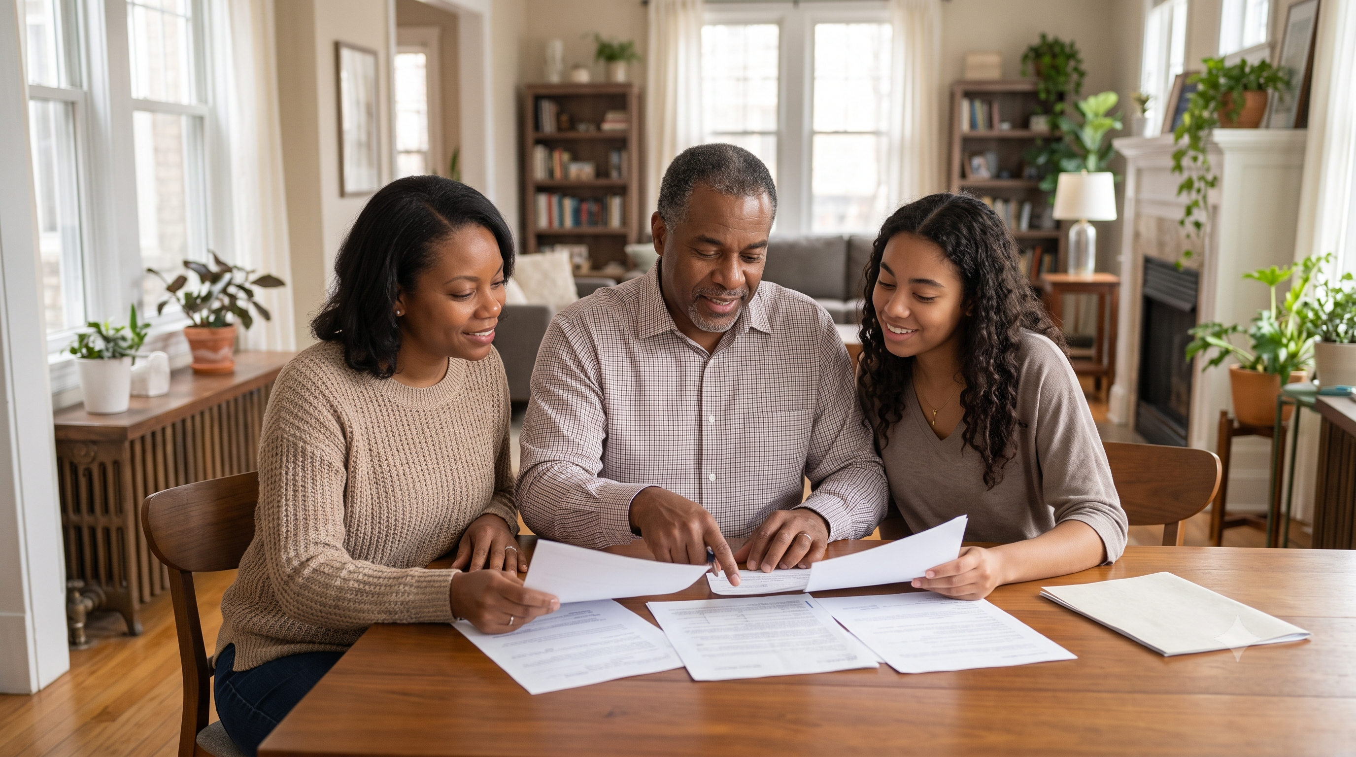 African American family reviewing estate planning documents together at home in Chicago