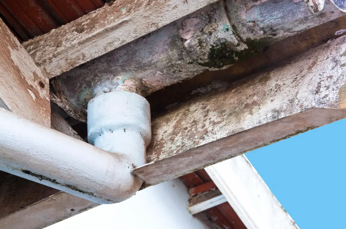 Closeup of flaking asbestos guttering on a building in need of inspection and maintenance