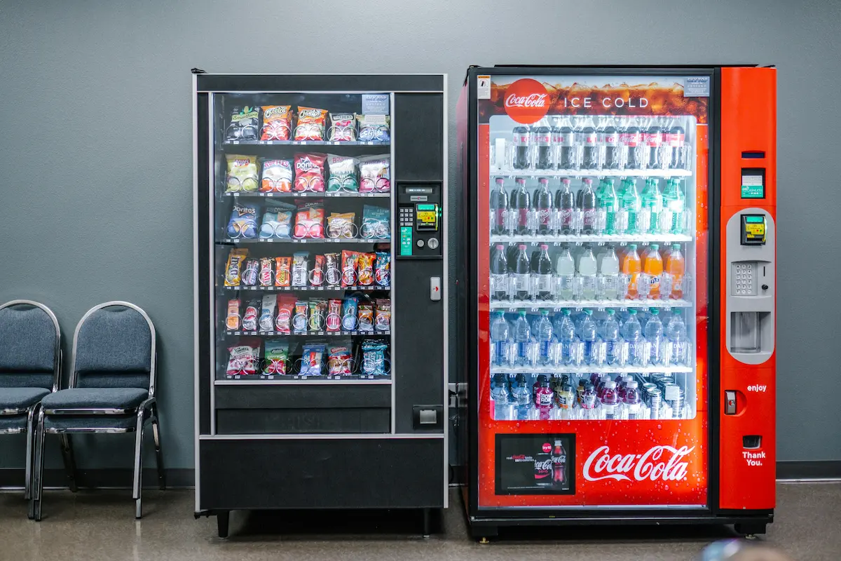Modern vending machine stocked with beverages and snacks representing professional vending machine business services and location placements