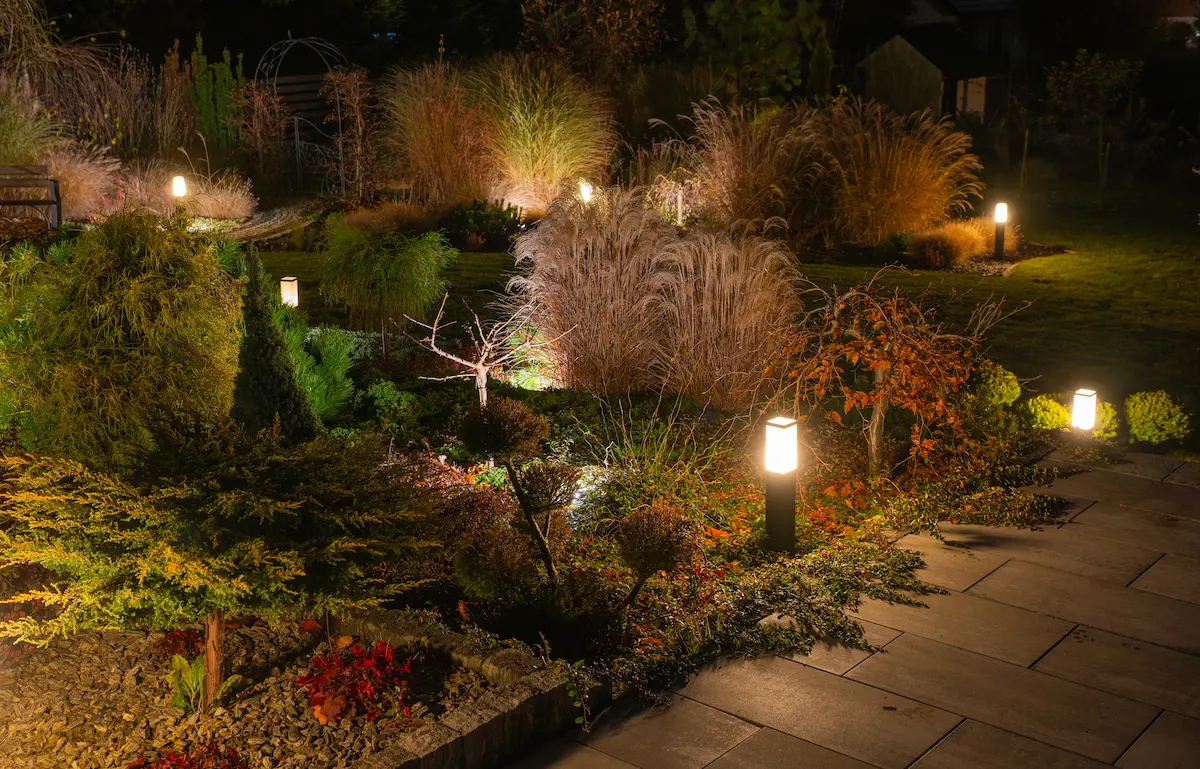 Beautifully landscaped garden illuminated at night with warm professional outdoor lighting highlighting trees, pathways, and garden features representing the transformative landscape lighting work that a skilled outdoor lighting company installs