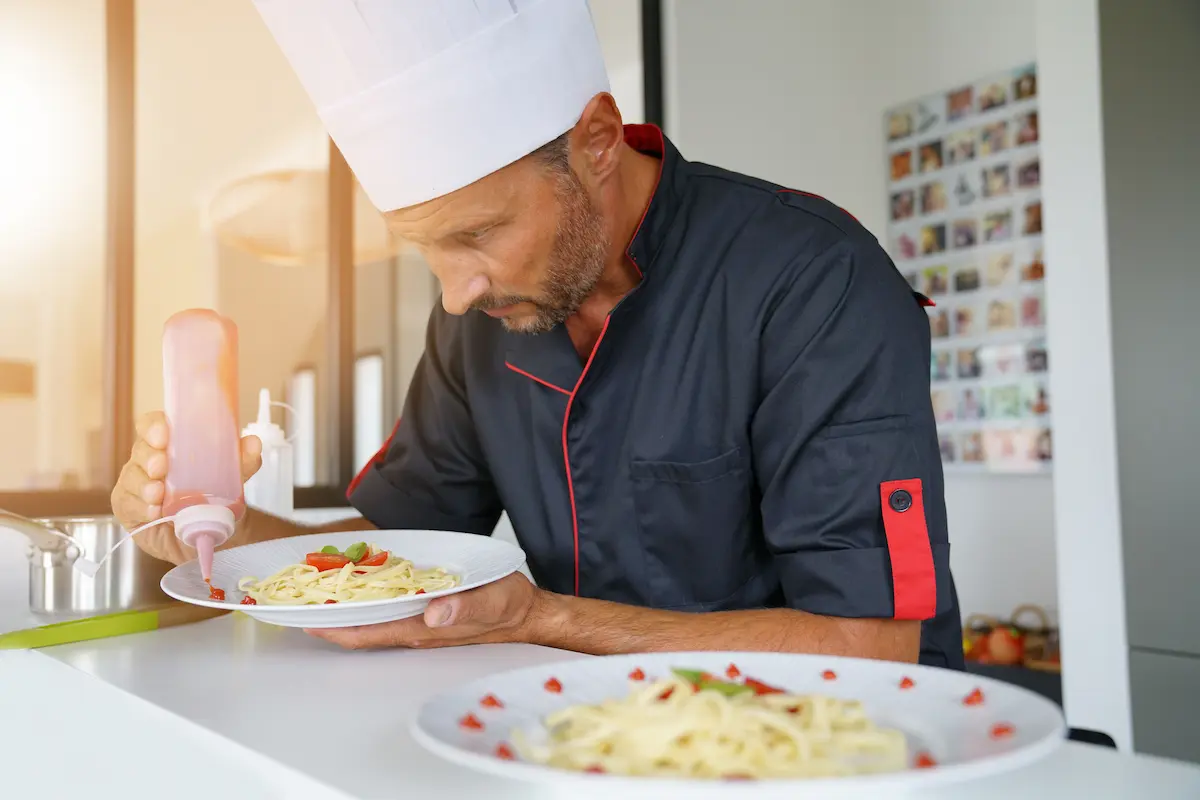 A professional chef carefully preparing a special pasta dish representing the artistry, skill, and personalized culinary experience that a private chef brings to every in-home dining engagement