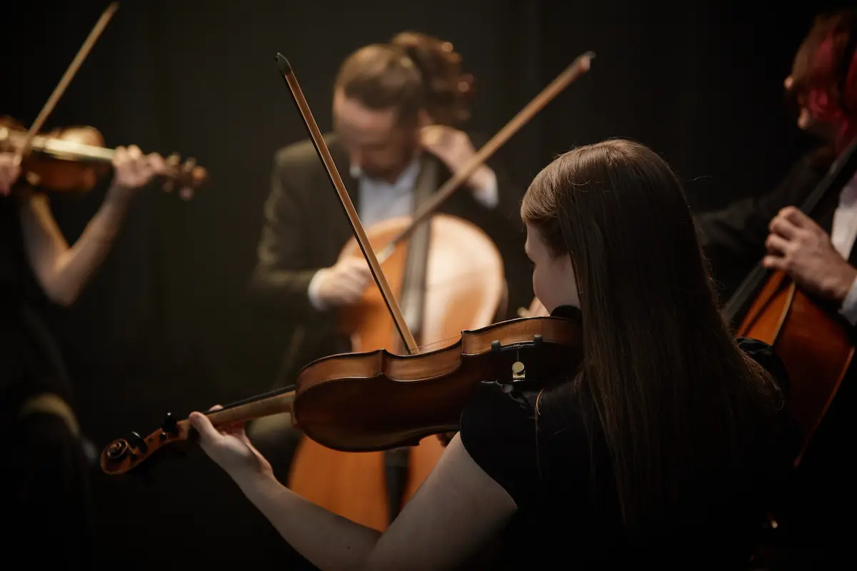 A female violin player performing classical music with her shadow casting on the wall behind her representing the elegance, artistry, and live performance presence that a professional string quartet brings to every wedding, corporate event, and concert engagement