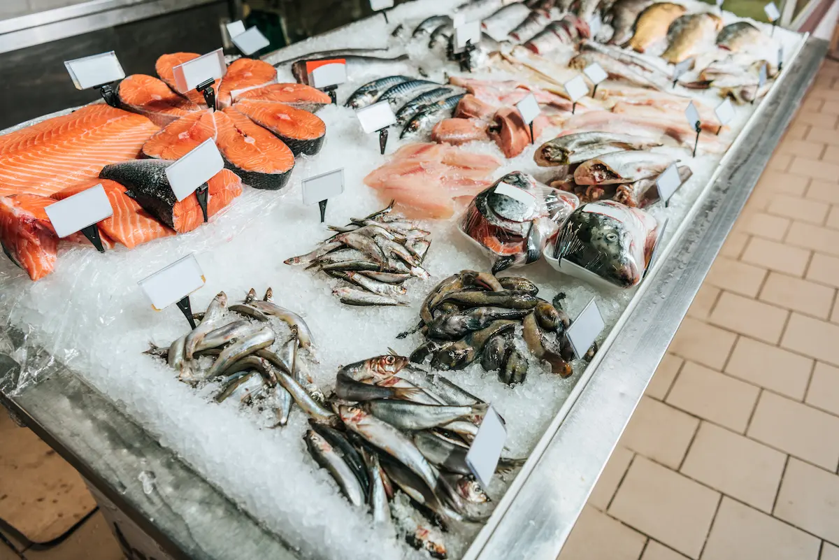 A close view of fresh raw seafood beautifully arranged at a market counter representing the quality, variety, and genuine freshness that a great seafood market offers its customers every day