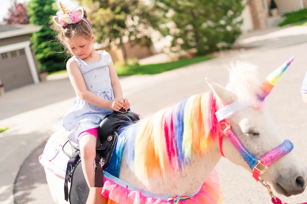 A magical unicorn themed birthday party setup with colorful decorations representing the enchanting and joyful pony party experience that a professional pony party business brings to every child's birthday celebration and special event