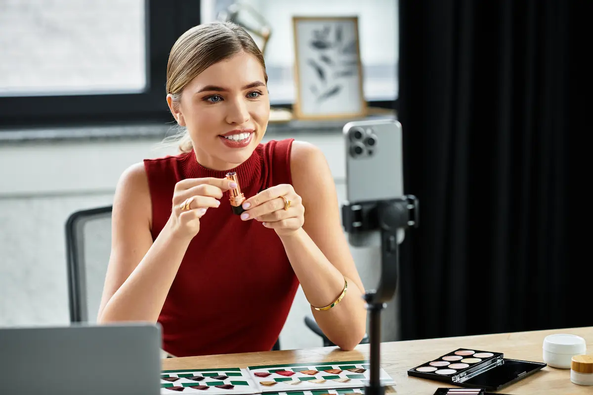 A young female influencer engaging her audience on her smartphone while demonstrating beauty products representing the authentic content creation, strong audience connection, and brand partnership value that a professional social media influencer delivers to every sponsored collaboration and brand campaign